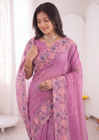 3D Floral Embroidery Two-Tone Crunchy Tissue Saree