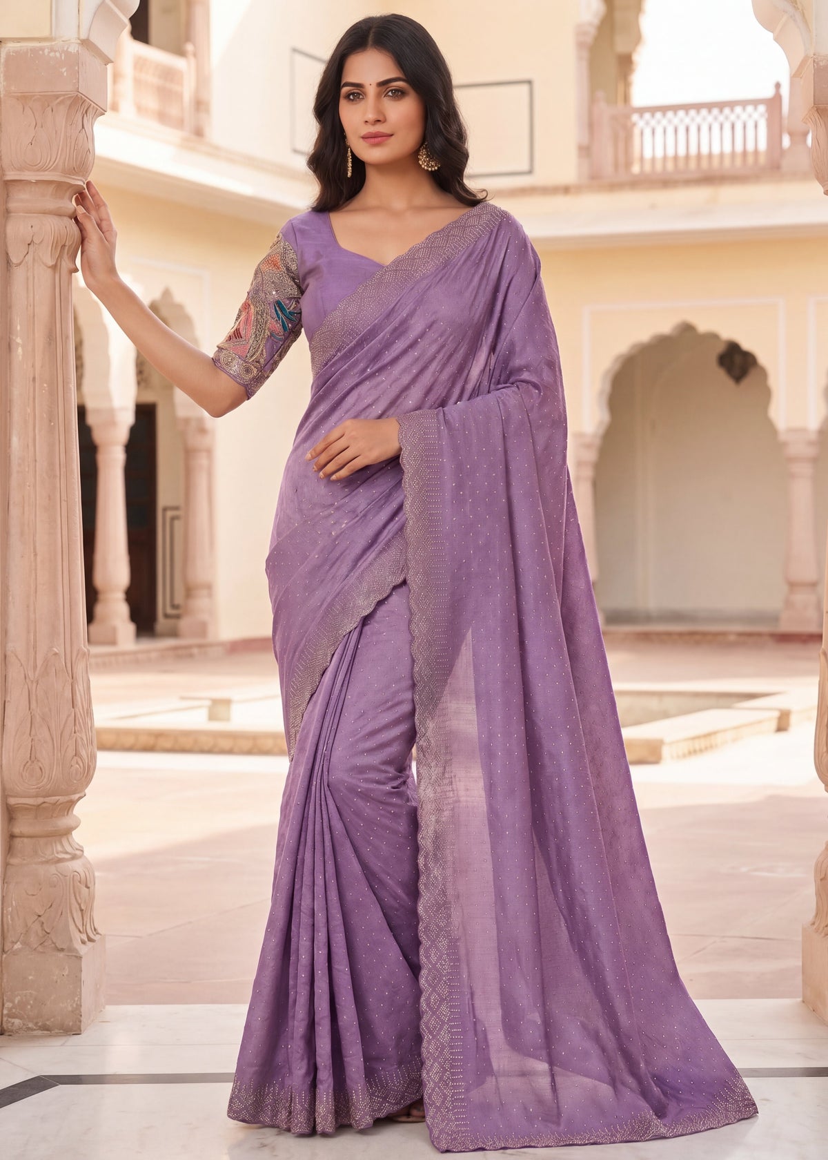 Pearl-Embellished Scalloped Border Saree