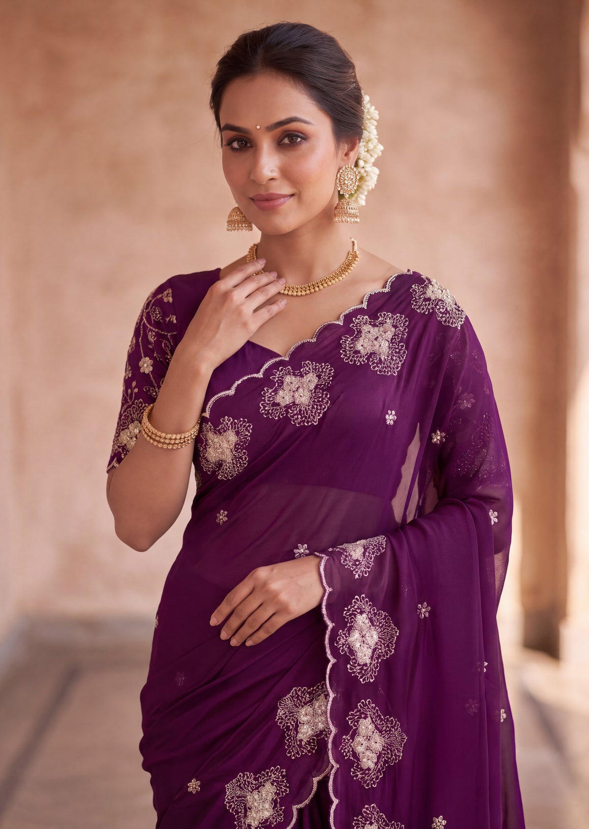 Classy Floral Embroidery Rangoli Saree