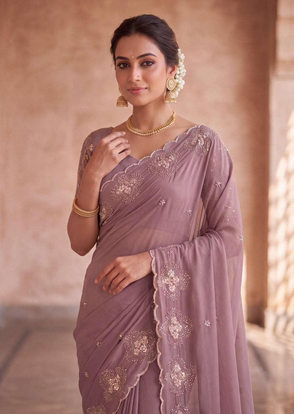 Classy Floral Embroidery Rangoli Saree