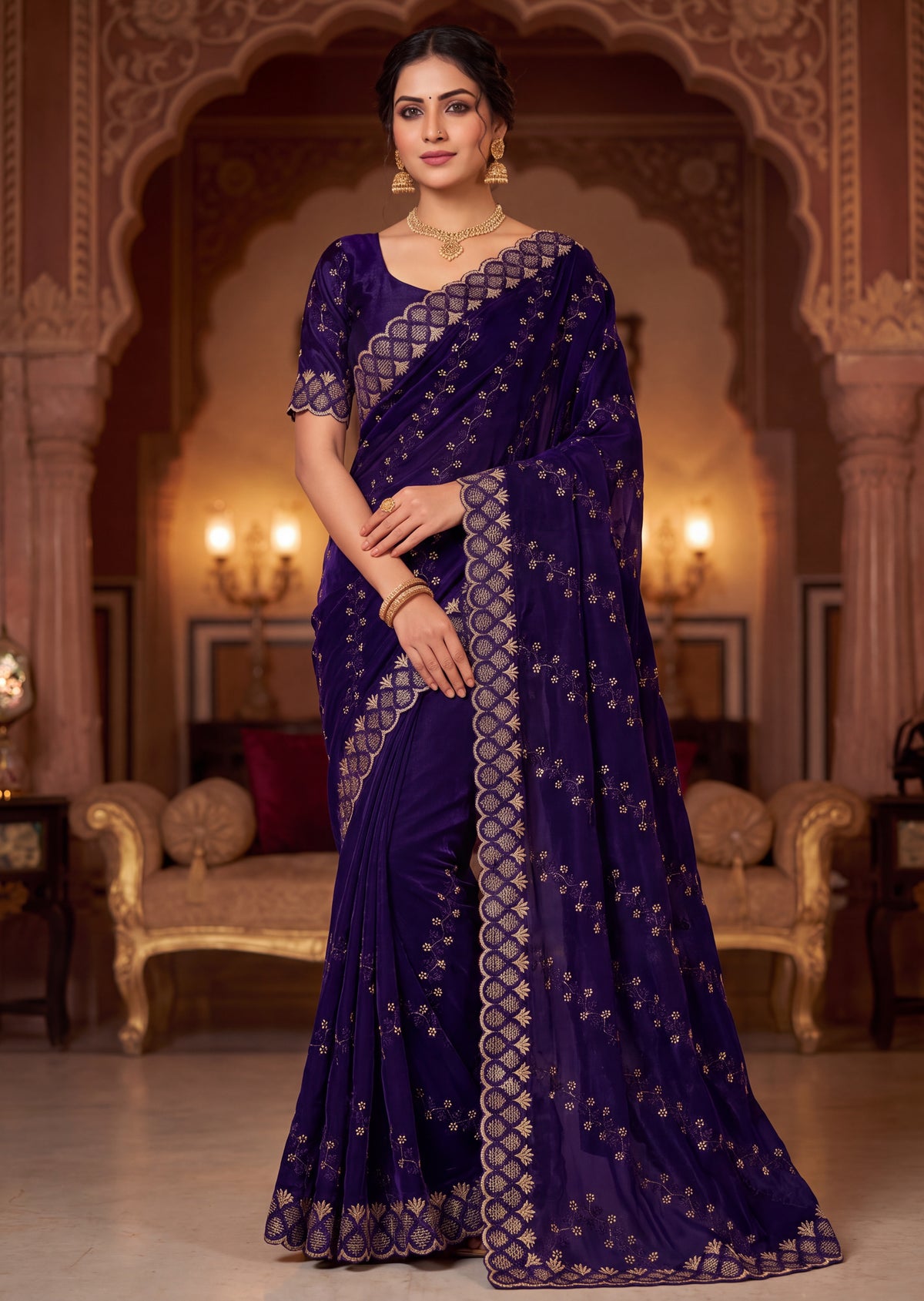 Floral Embroidered NC Satin Saree with Designer Border
