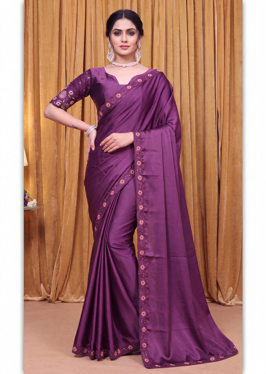 Stylist Party Wear Floral Satin Embroidered Saree
