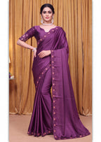 Stylist Party Wear Floral Satin Embroidered Saree