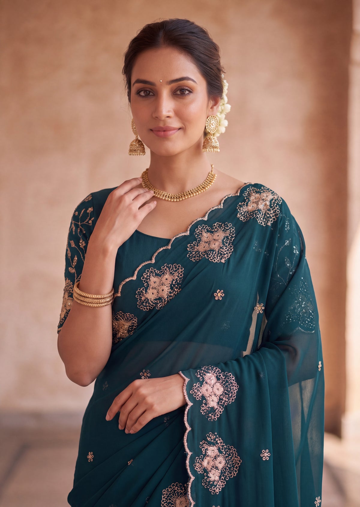 Classy Floral Embroidery Rangoli Saree