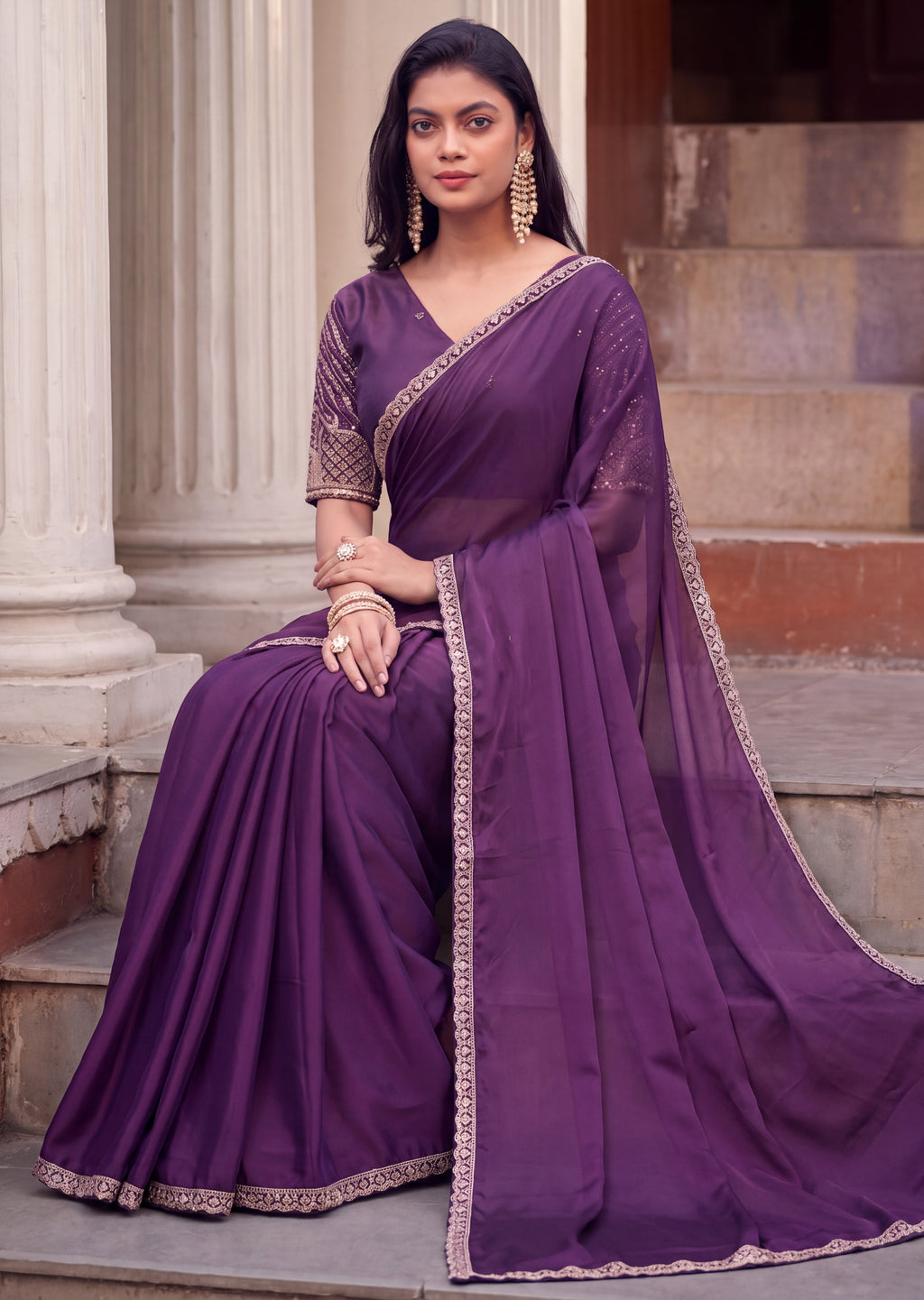 Floral Sequin Border Elegant Rangoli Saree