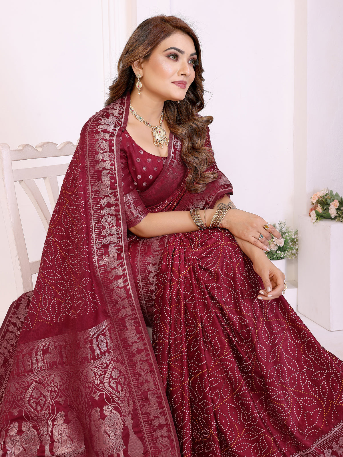 Kanchi Zari Border Satin Silk Bandhej Print Saree