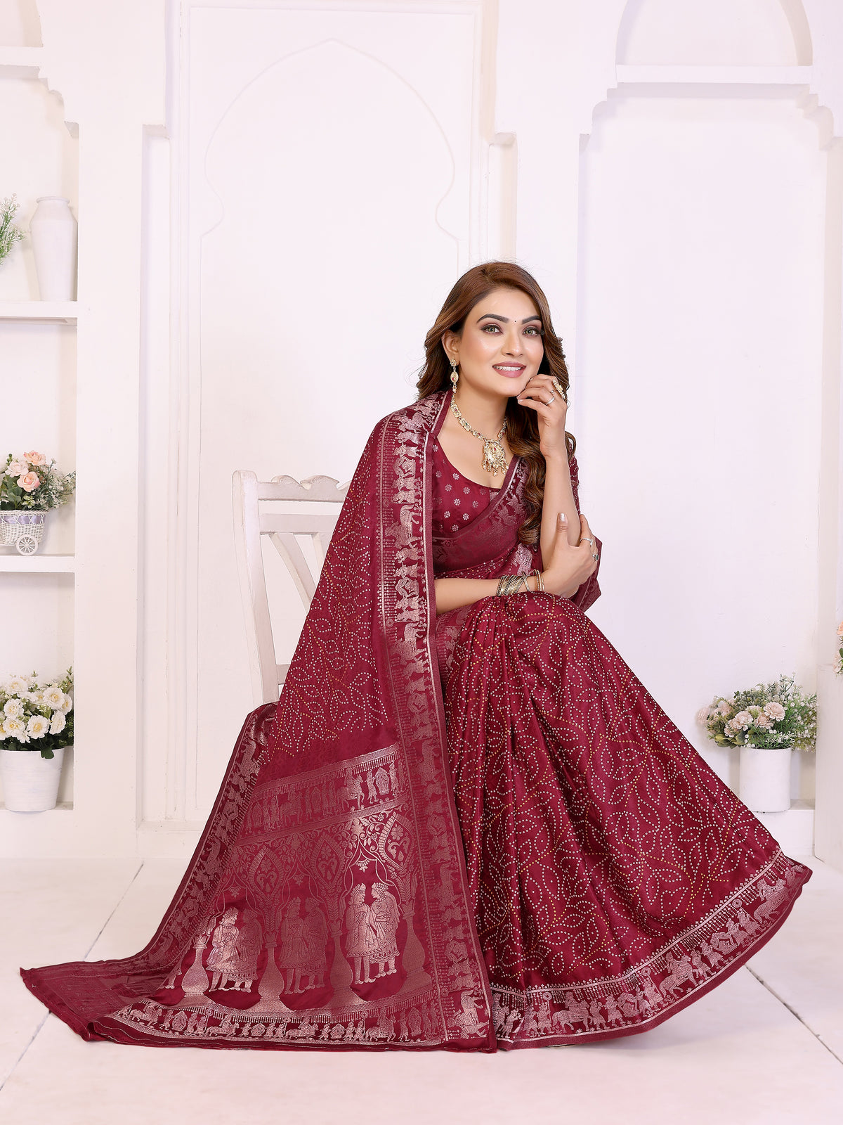 Kanchi Zari Border Satin Silk Bandhej Print Saree