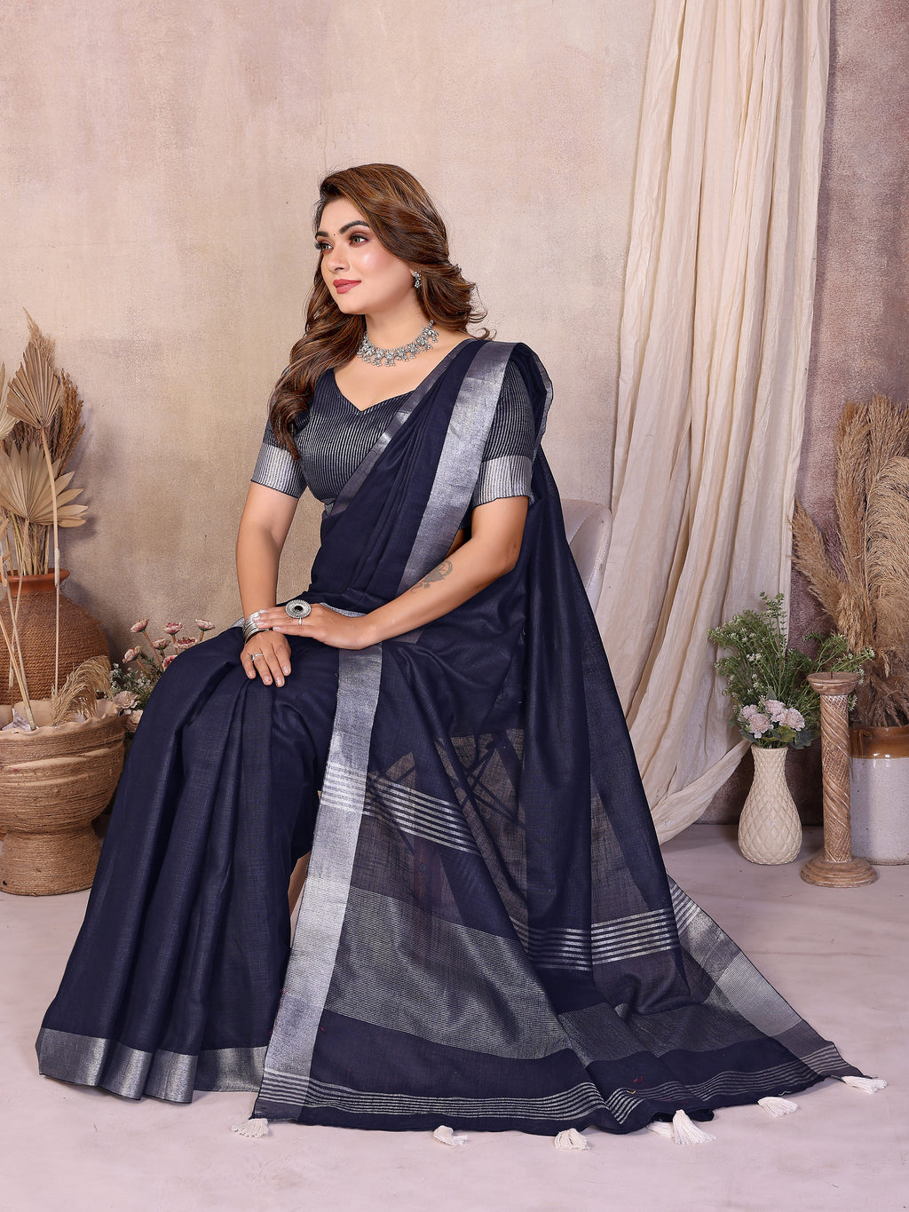 Soft Leaf Linen Silver Zari Border Cotton Saree