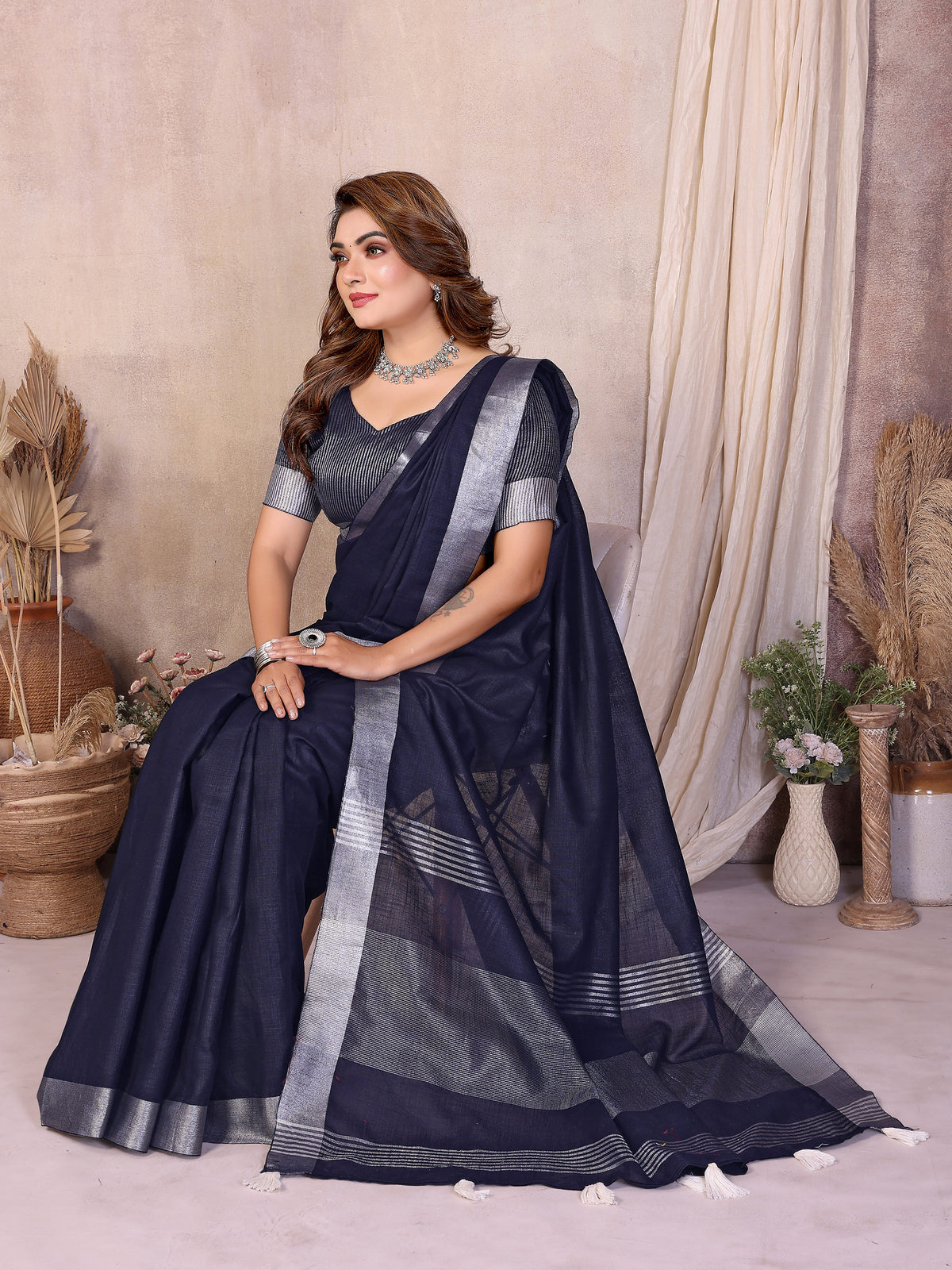 Soft Leaf Linen Silver Zari Border Cotton Saree