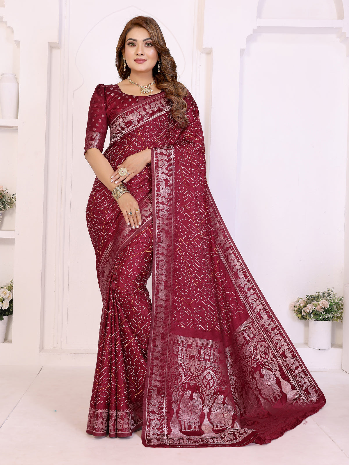 Kanchi Zari Border Satin Silk Bandhej Print Saree