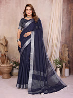 Soft Leaf Linen Silver Zari Border Cotton Saree