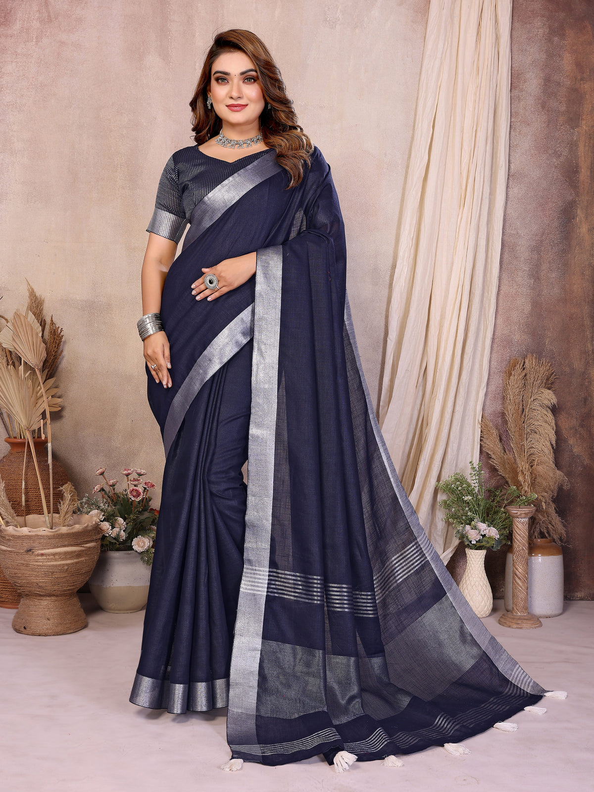 Soft Leaf Linen Silver Zari Border Cotton Saree