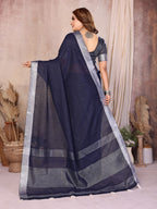 Soft Leaf Linen Silver Zari Border Cotton Saree