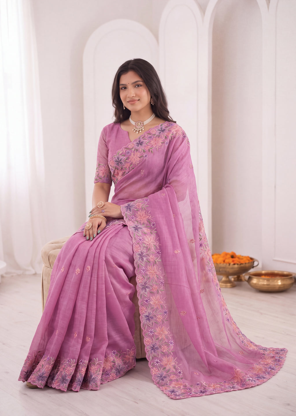 3D Floral Embroidery Two-Tone Crunchy Tissue Saree