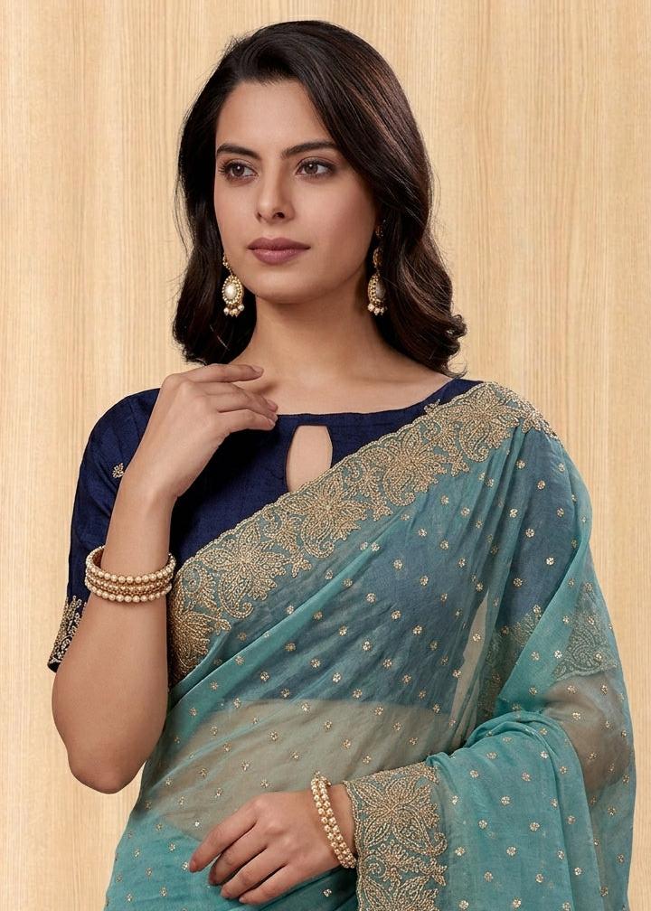 Beautiful NC Moss Butti Embroidered Saree