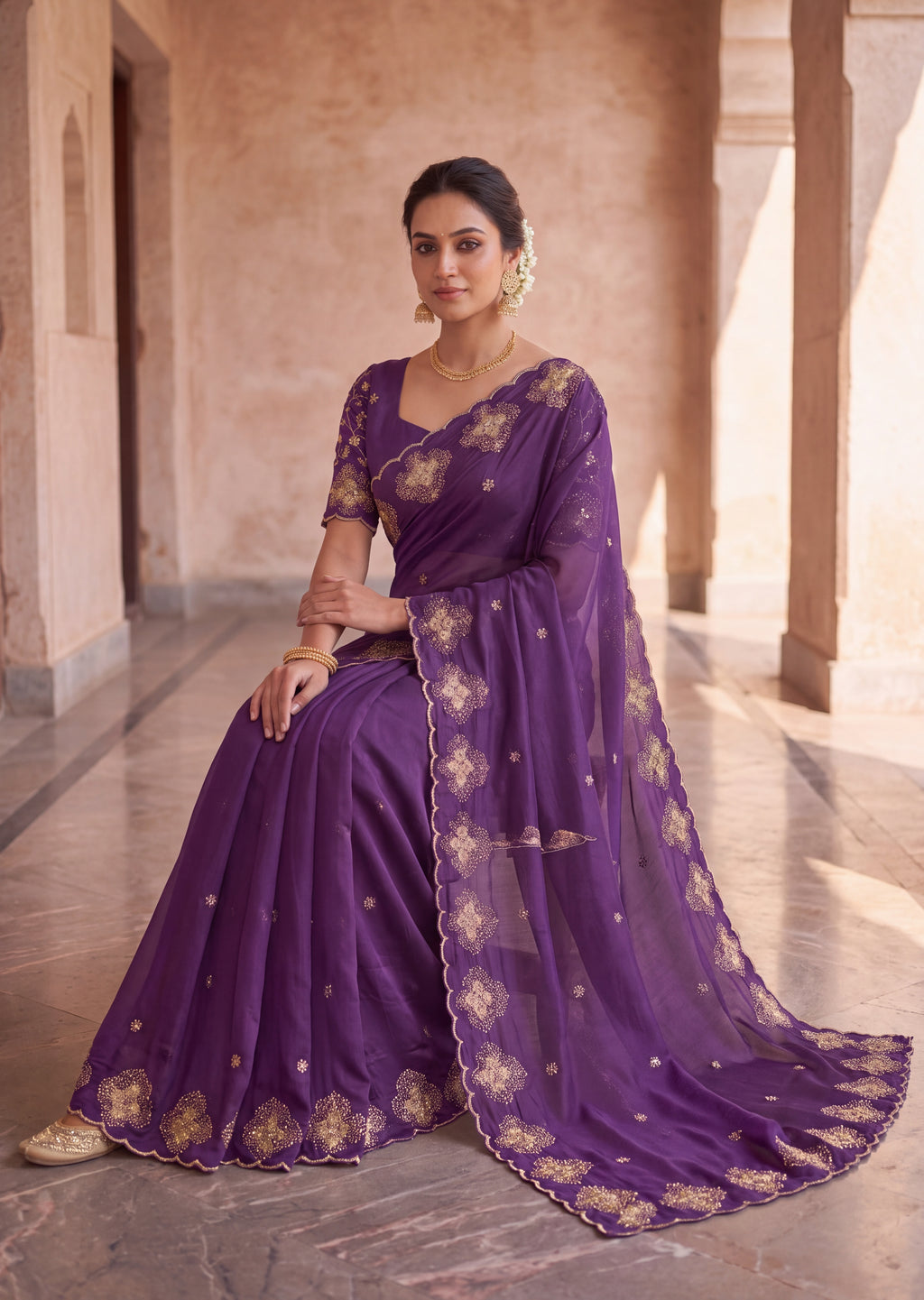 Classy Floral Embroidery Rangoli Saree