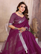 Soft Leaf Linen Silver Zari Border Cotton Saree