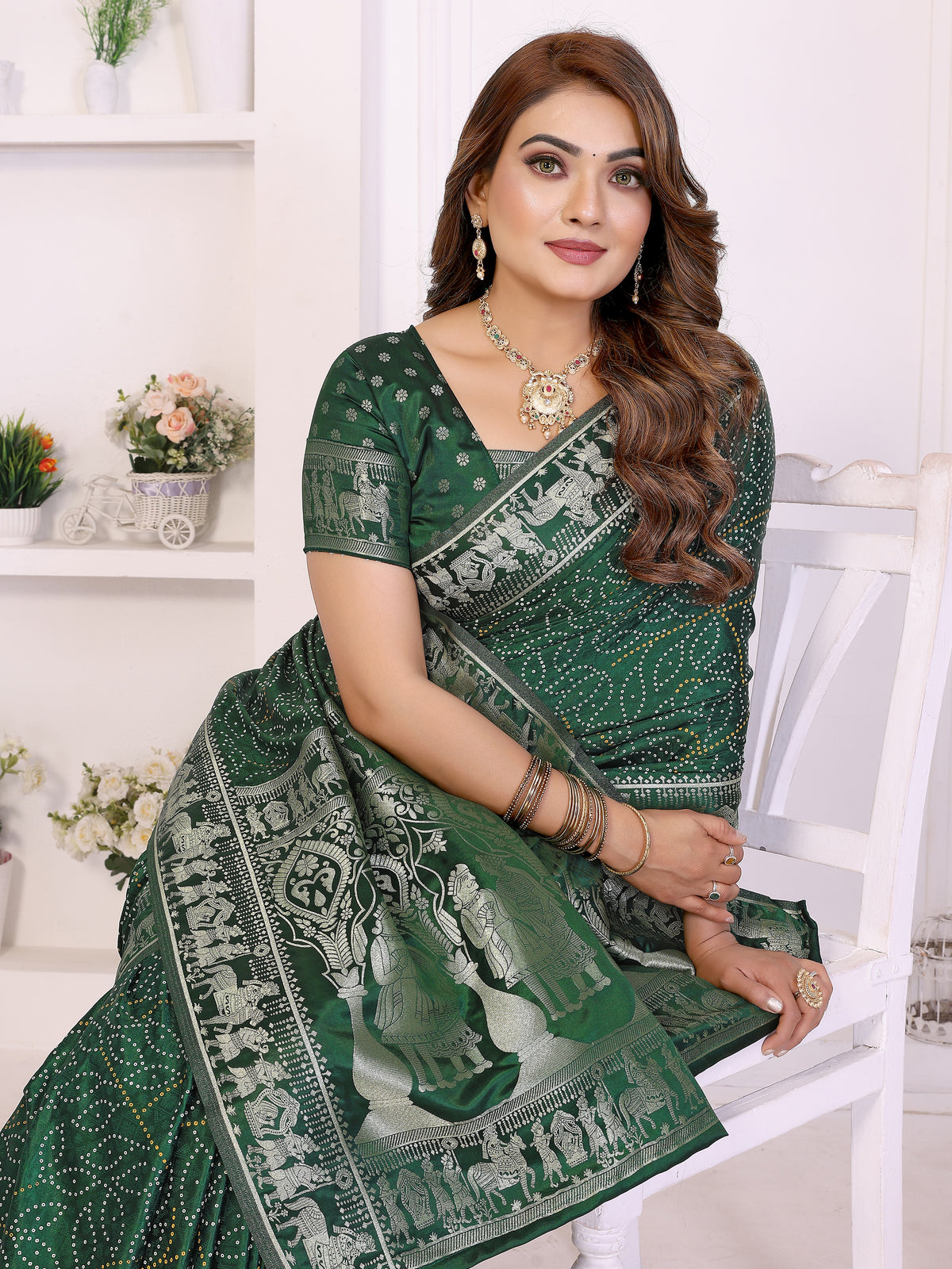 Kanchi Zari Border Satin Silk Bandhej Print Saree
