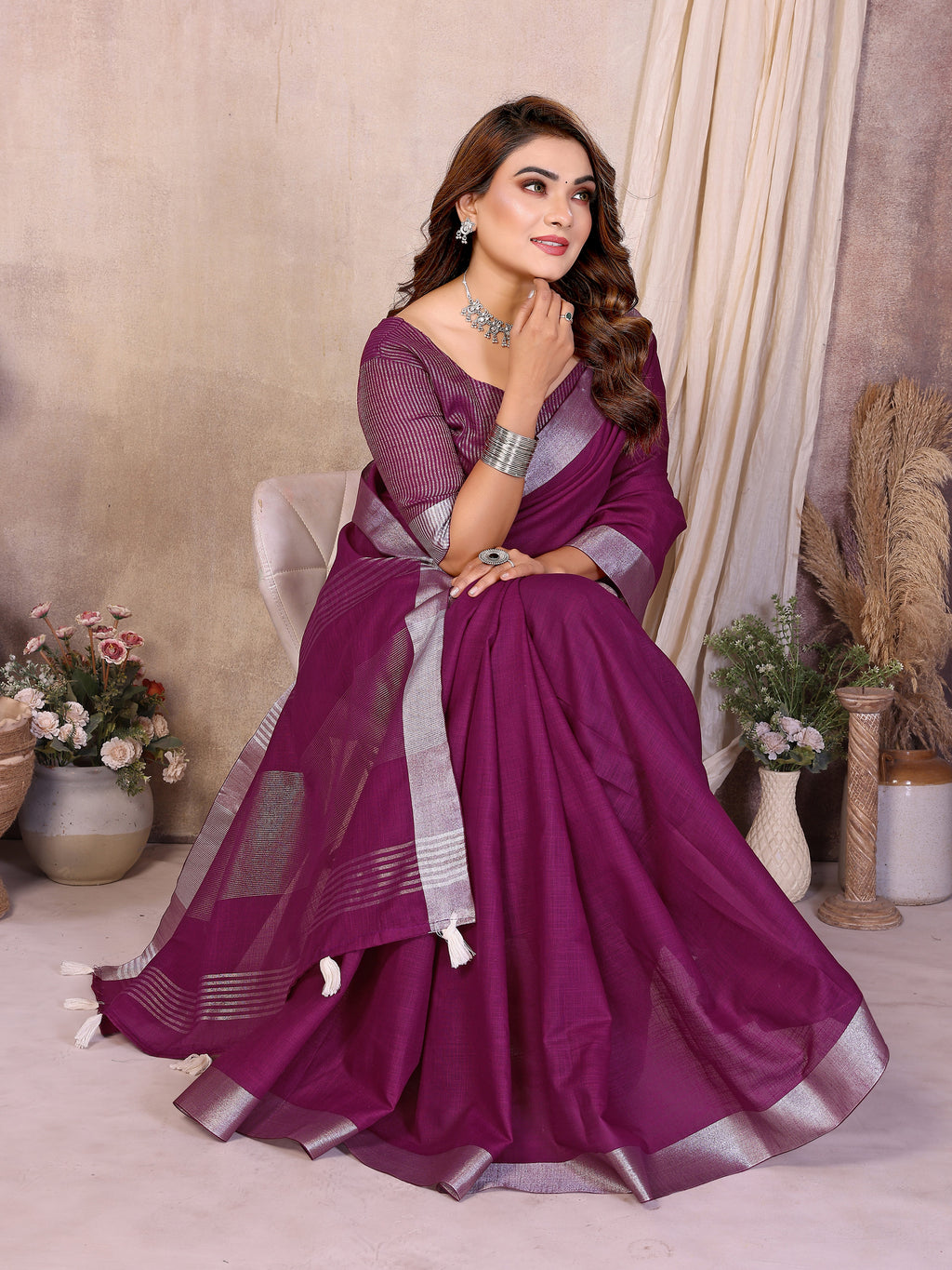 Soft Leaf Linen Silver Zari Border Cotton Saree