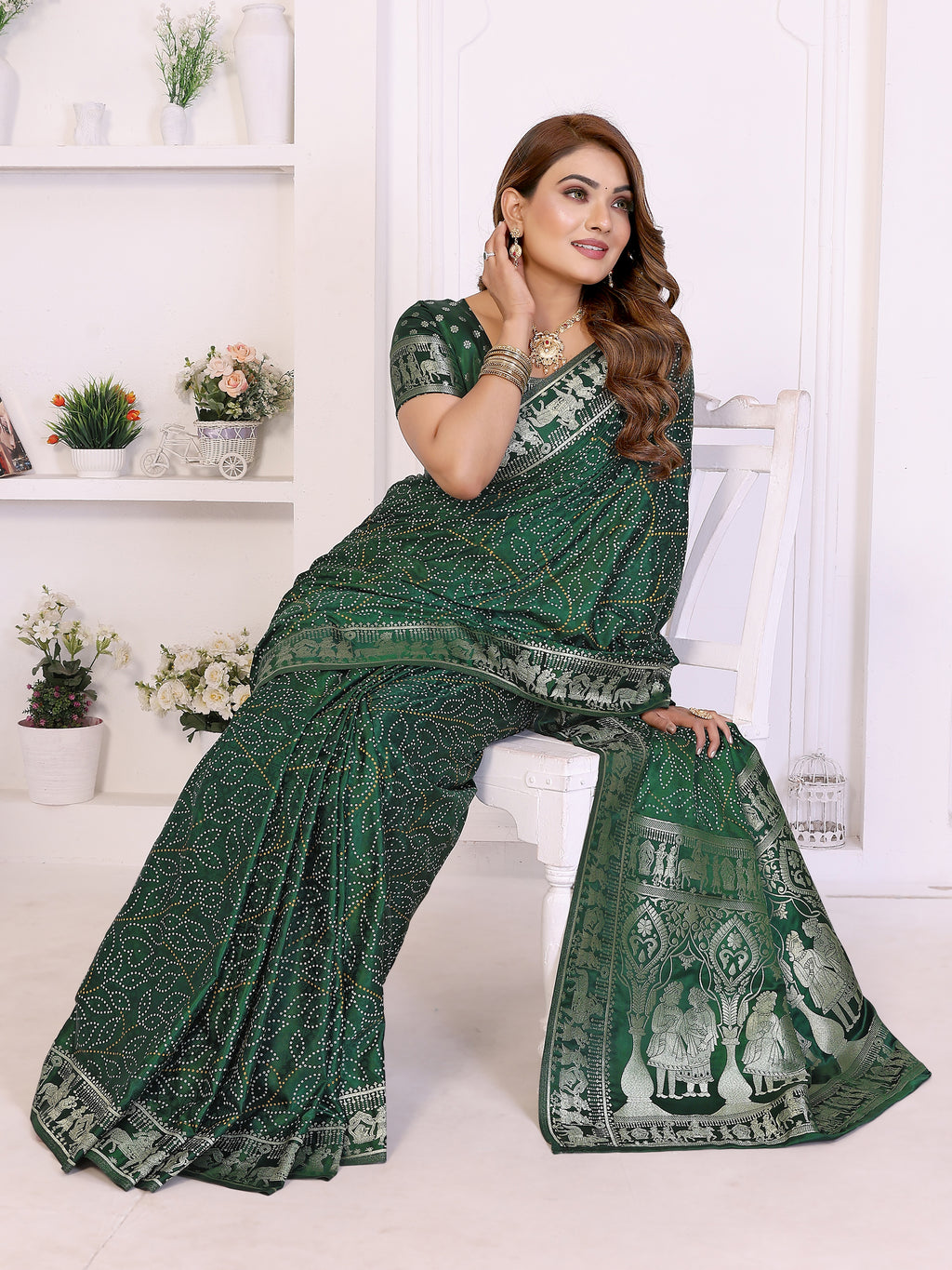 Kanchi Zari Border Satin Silk Bandhej Print Saree