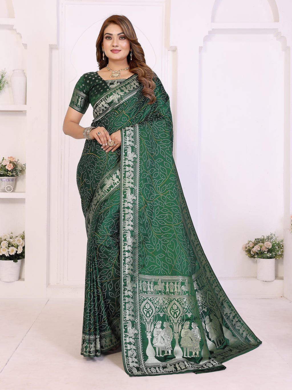 Kanchi Zari Border Satin Silk Bandhej Print Saree