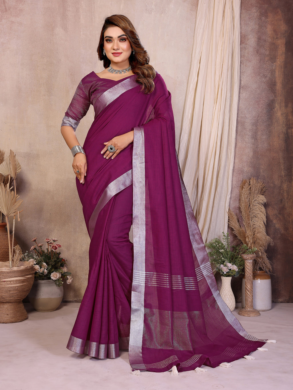 Soft Leaf Linen Silver Zari Border Cotton Saree