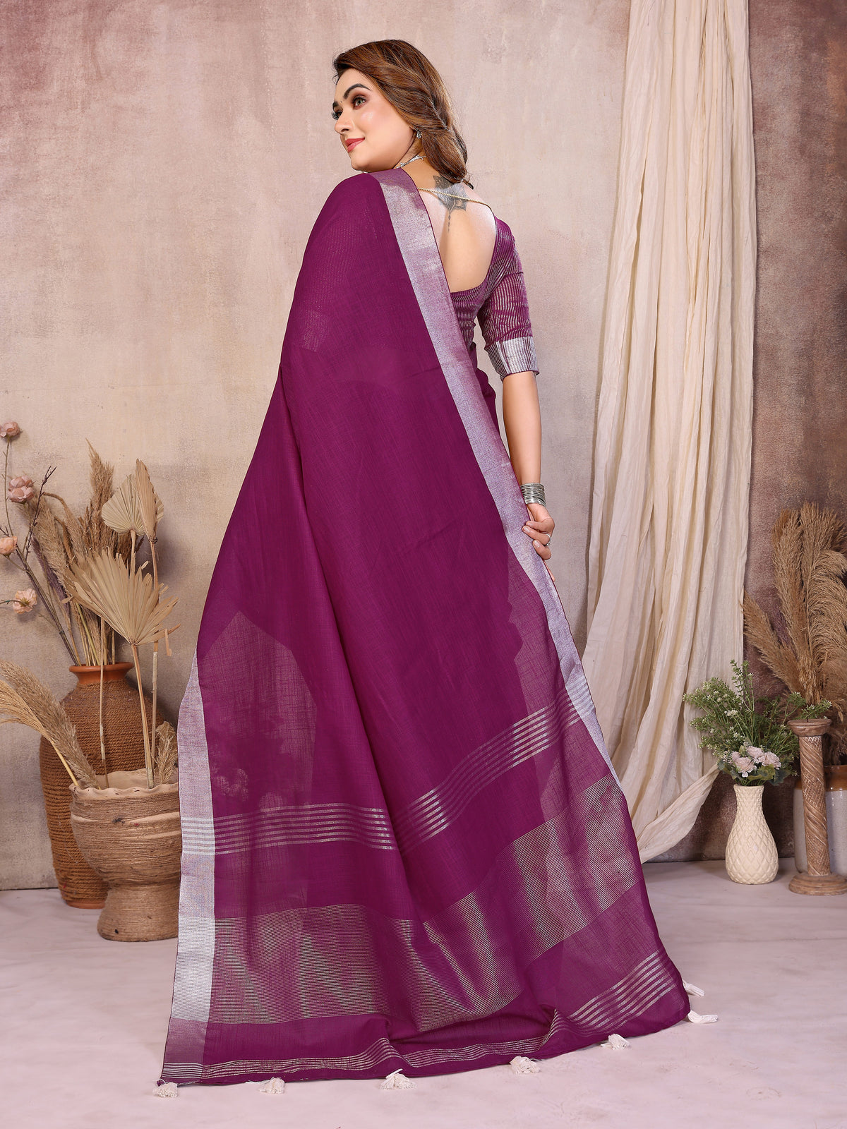 Soft Leaf Linen Silver Zari Border Cotton Saree