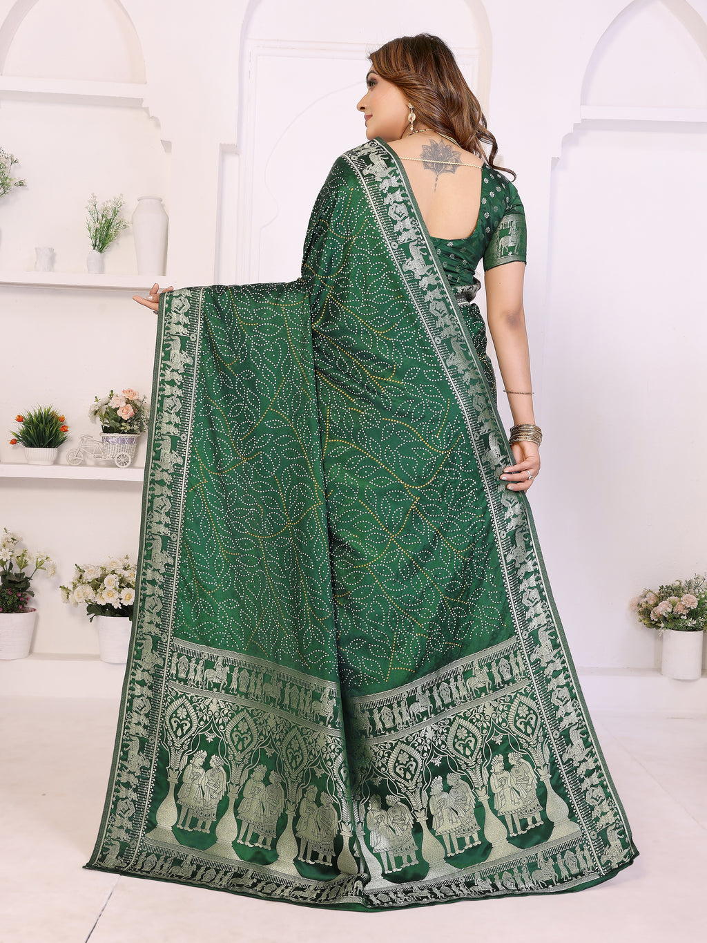 Kanchi Zari Border Satin Silk Bandhej Print Saree