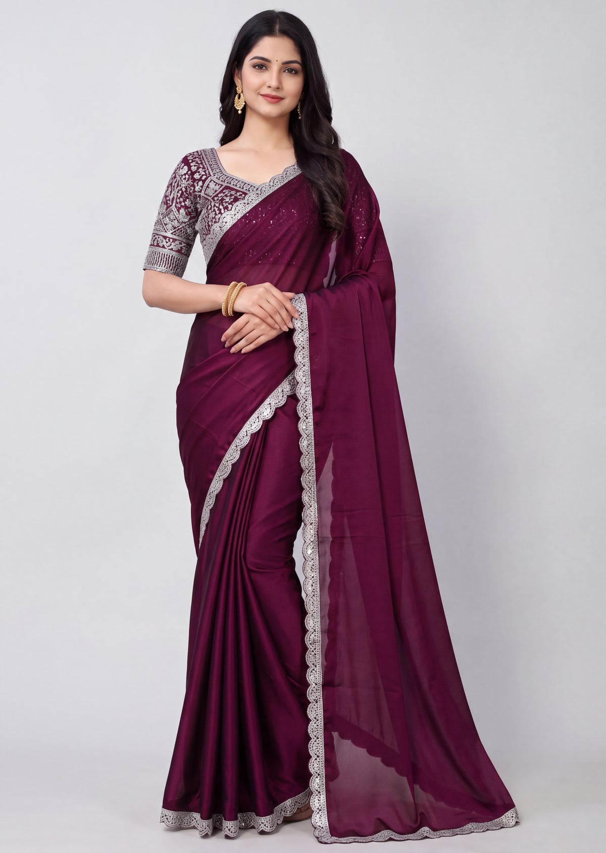 Delicate Embroidery Scalloped Border Rangoli Saree
