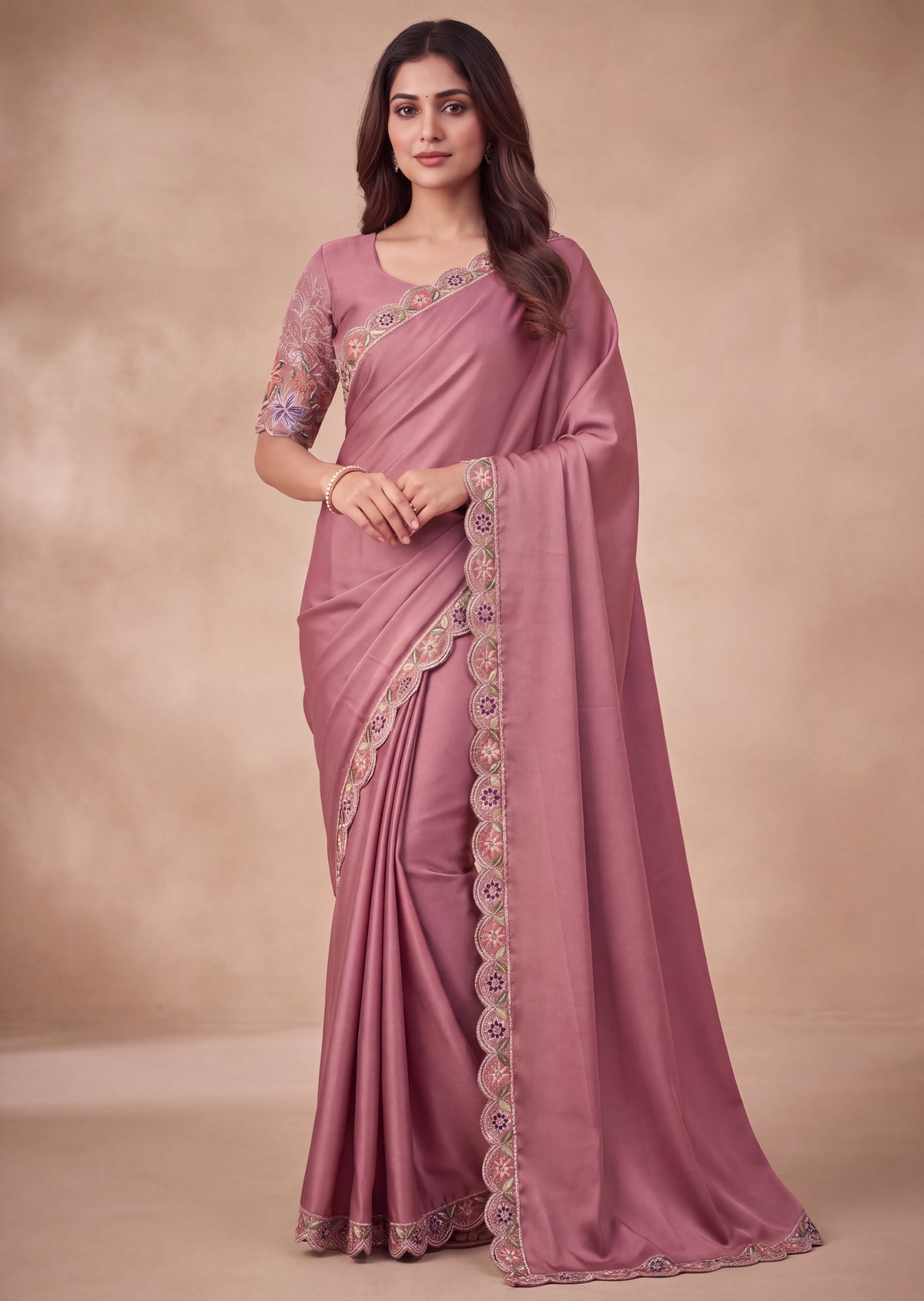 Designer Floral Embroidered Satin Saree