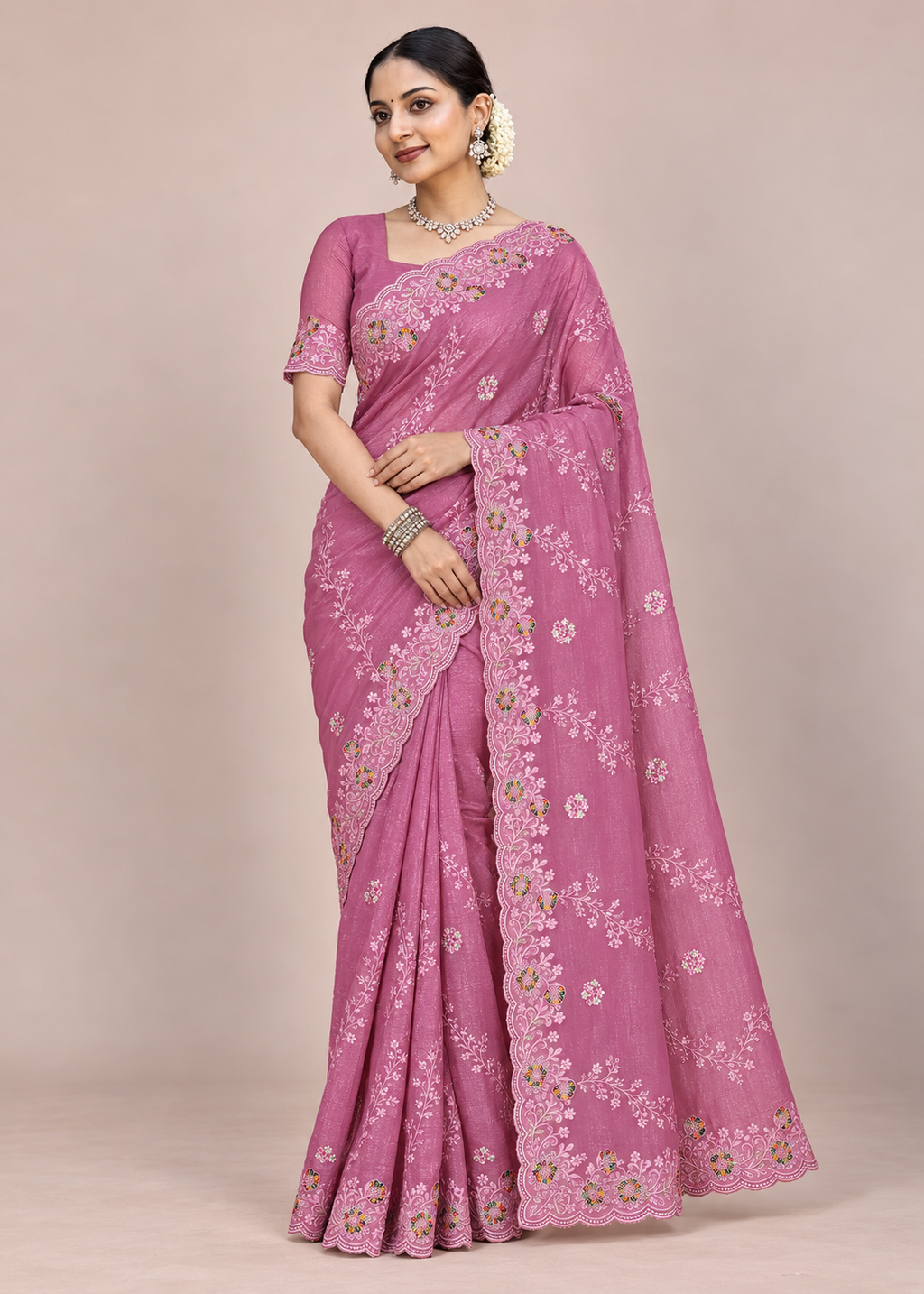 Floral Embroidery Elegant Tissue Silk Saree