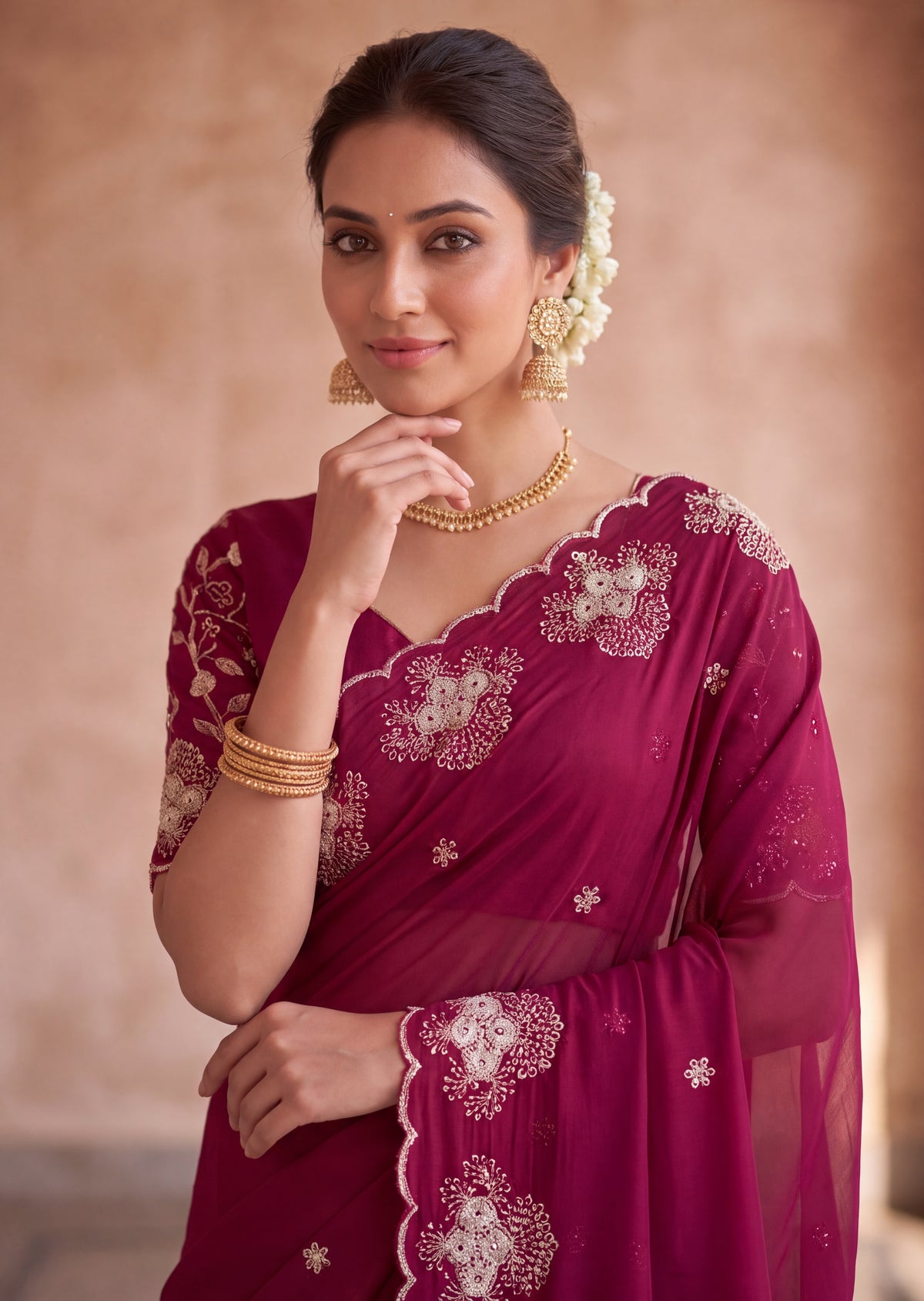 Classy Floral Embroidery Rangoli Saree
