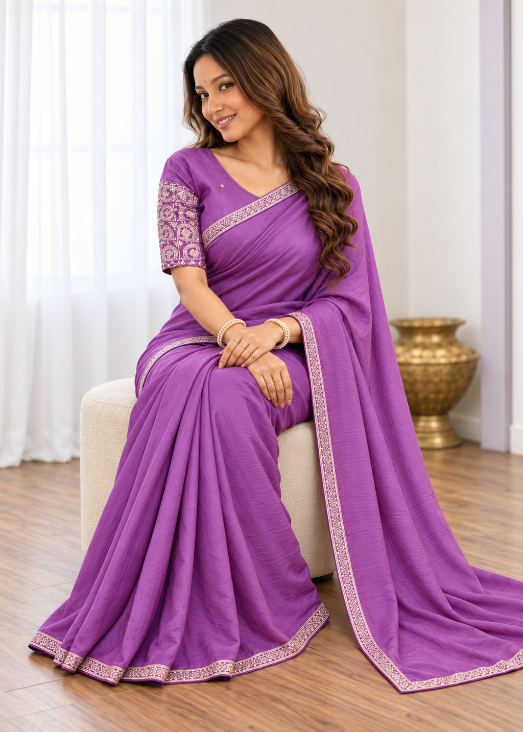 Premium Two-Tone NC Vichitra Beads Handwork Saree