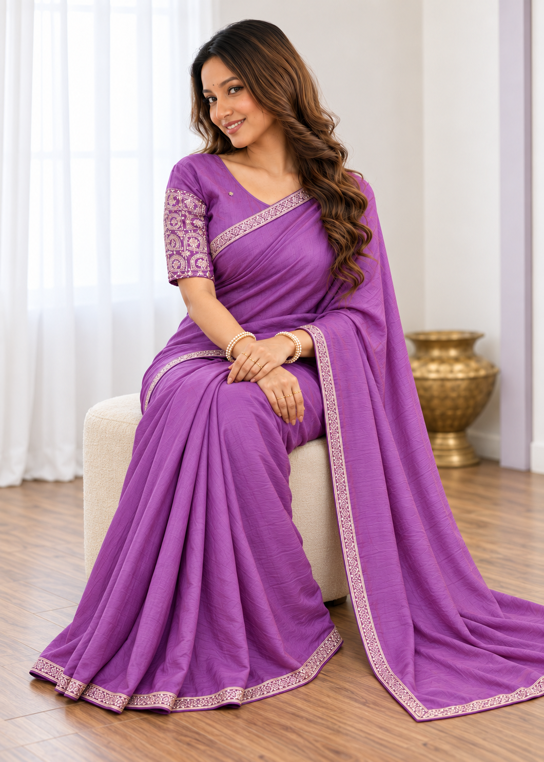 Premium Two-Tone NC Vichitra Beads Handwork Saree