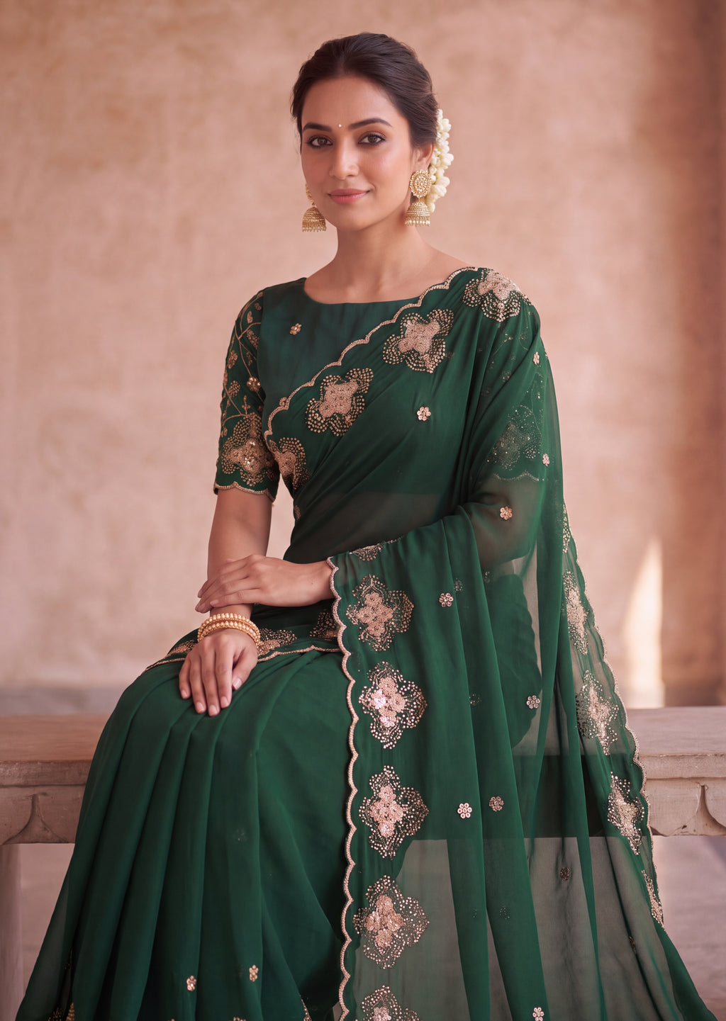 Classy Floral Embroidery Rangoli Saree