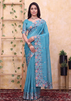Floral Embroidery Two-Tone Crunchy Tissue Saree