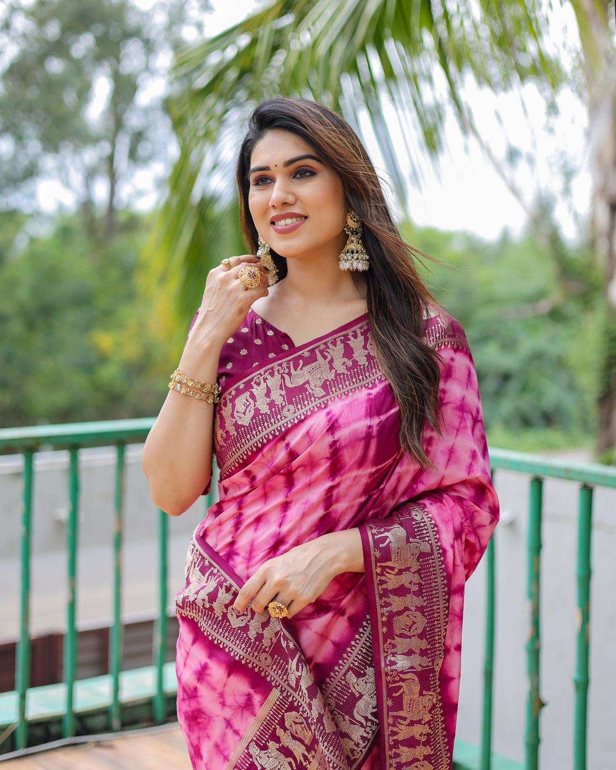 Traditional Printed Border Dola Silk Saree