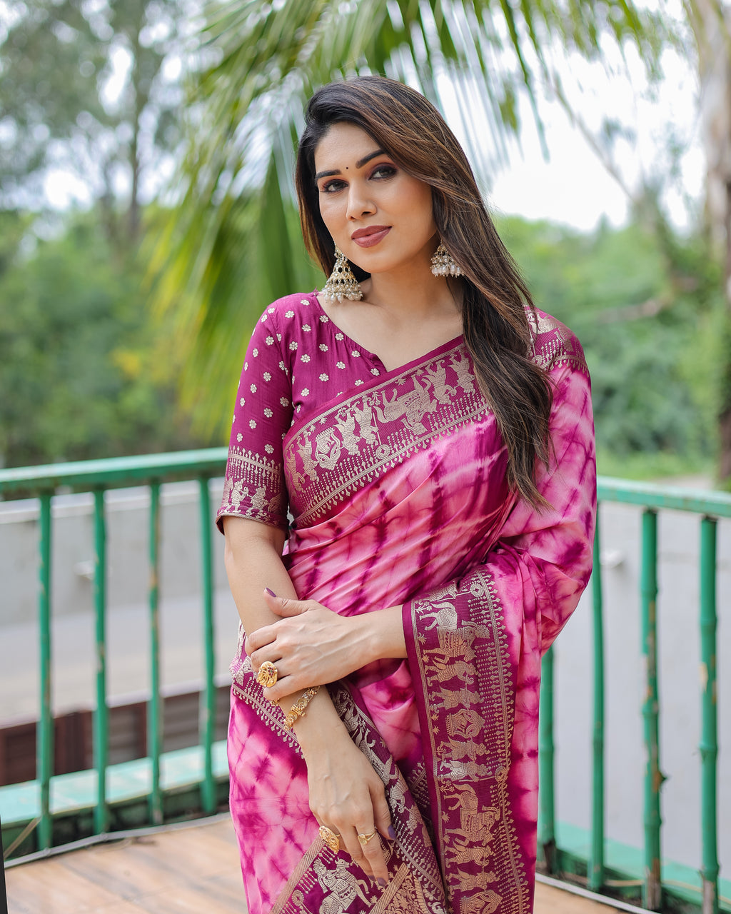 Traditional Printed Border Dola Silk Saree