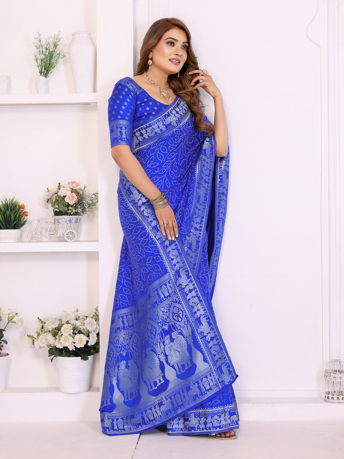 Kanchi Zari Border Satin Silk Bandhej Print Saree
