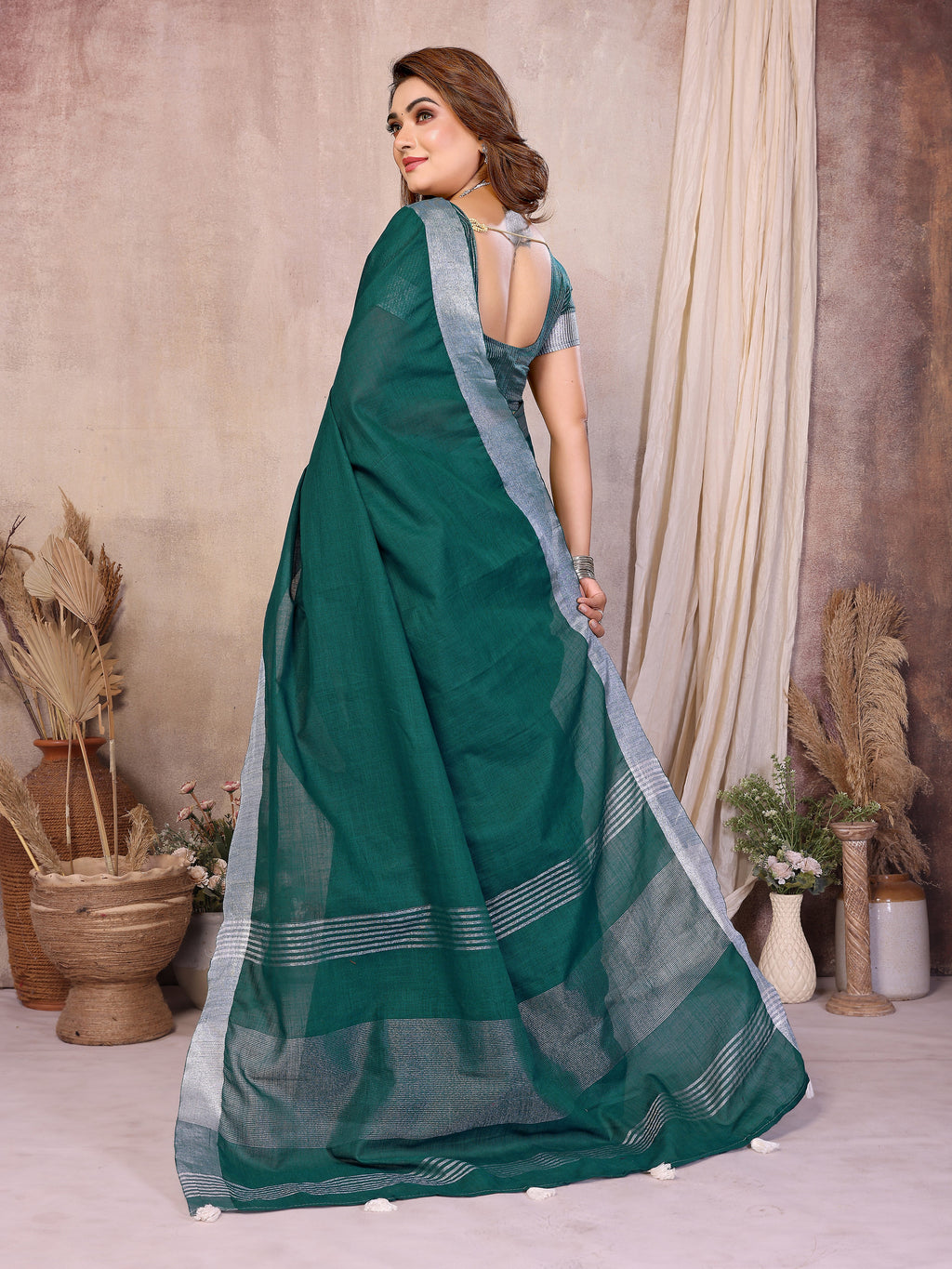Soft Leaf Linen Silver Zari Border Cotton Saree