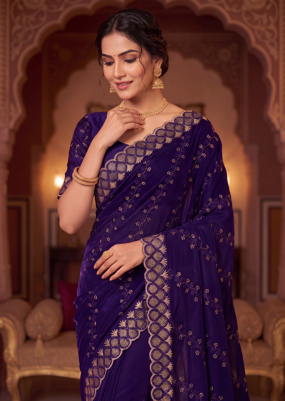 Floral Embroidered NC Satin Saree with Designer Border