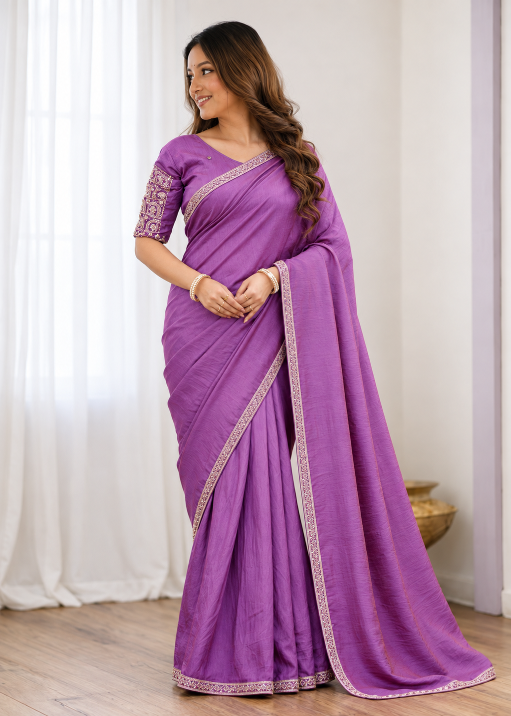 Premium Two-Tone NC Vichitra Beads Handwork Saree