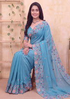 Floral Embroidery Two-Tone Crunchy Tissue Saree