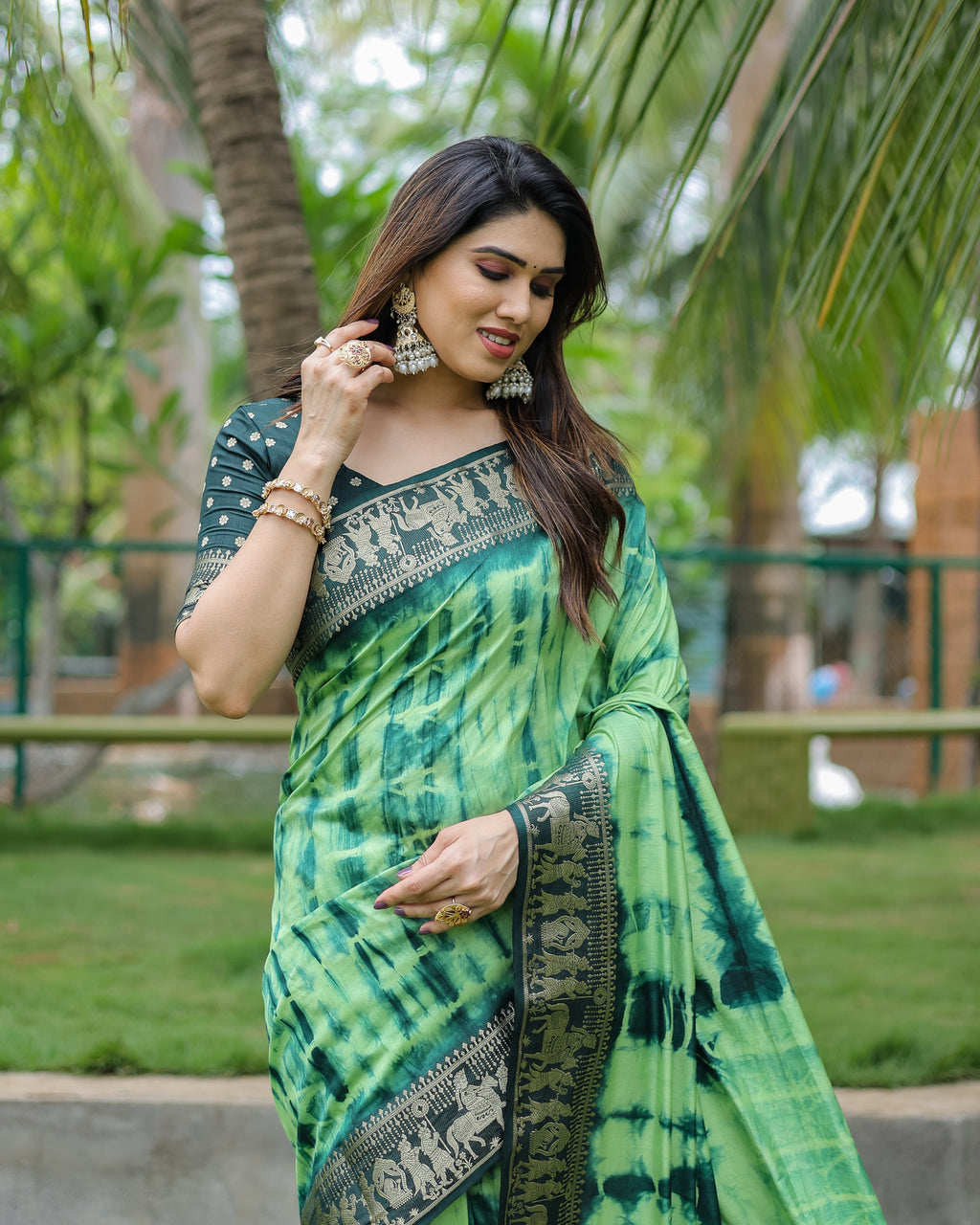 Traditional Printed Border Dola Silk Saree