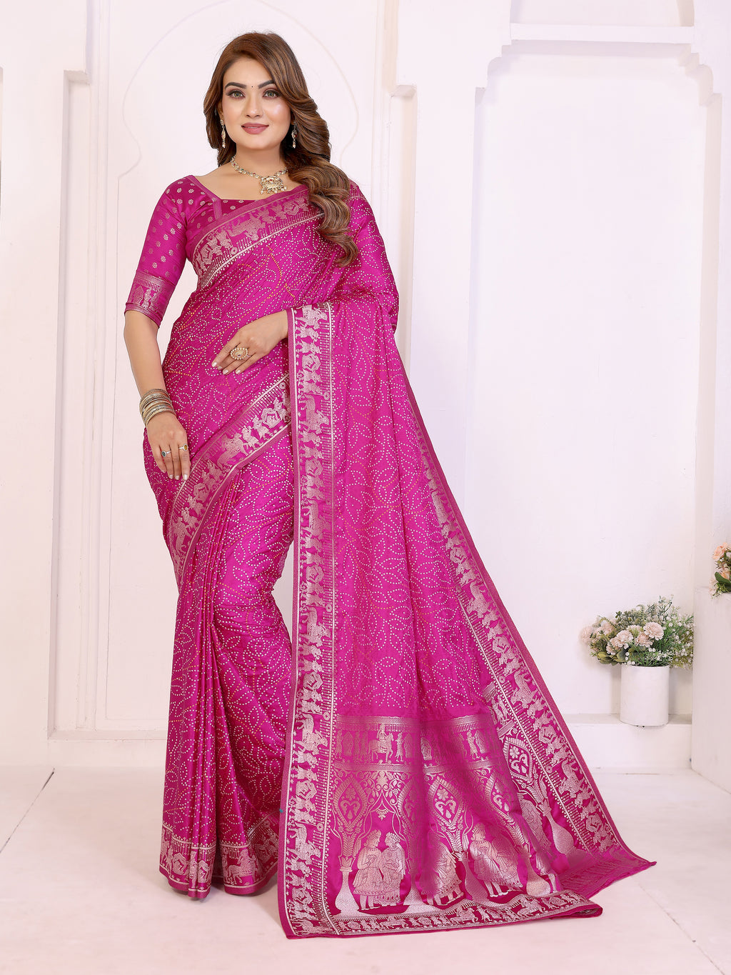 Kanchi Zari Border Satin Silk Bandhej Print Saree