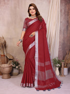 Soft Leaf Linen Silver Zari Border Cotton Saree