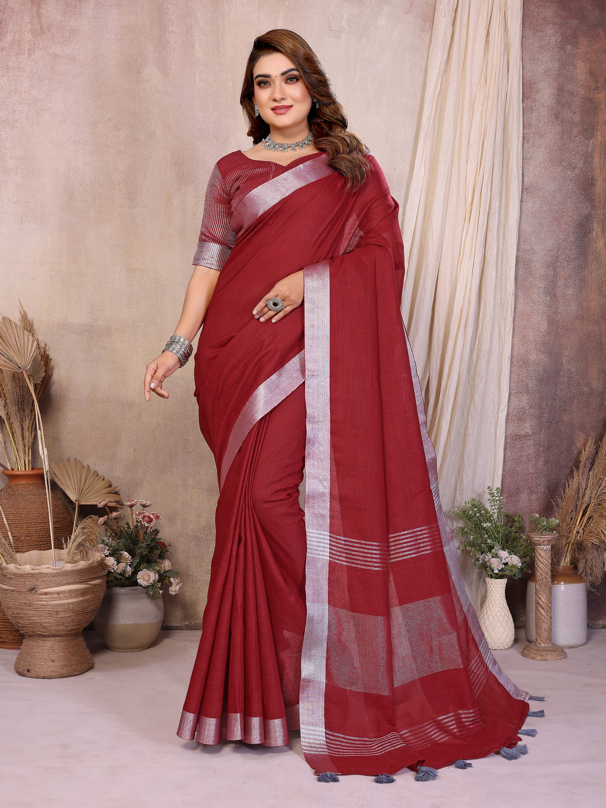 Soft Leaf Linen Silver Zari Border Cotton Saree