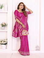 Kanchi Zari Border Satin Silk Bandhej Print Saree