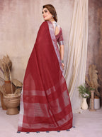 Soft Leaf Linen Silver Zari Border Cotton Saree