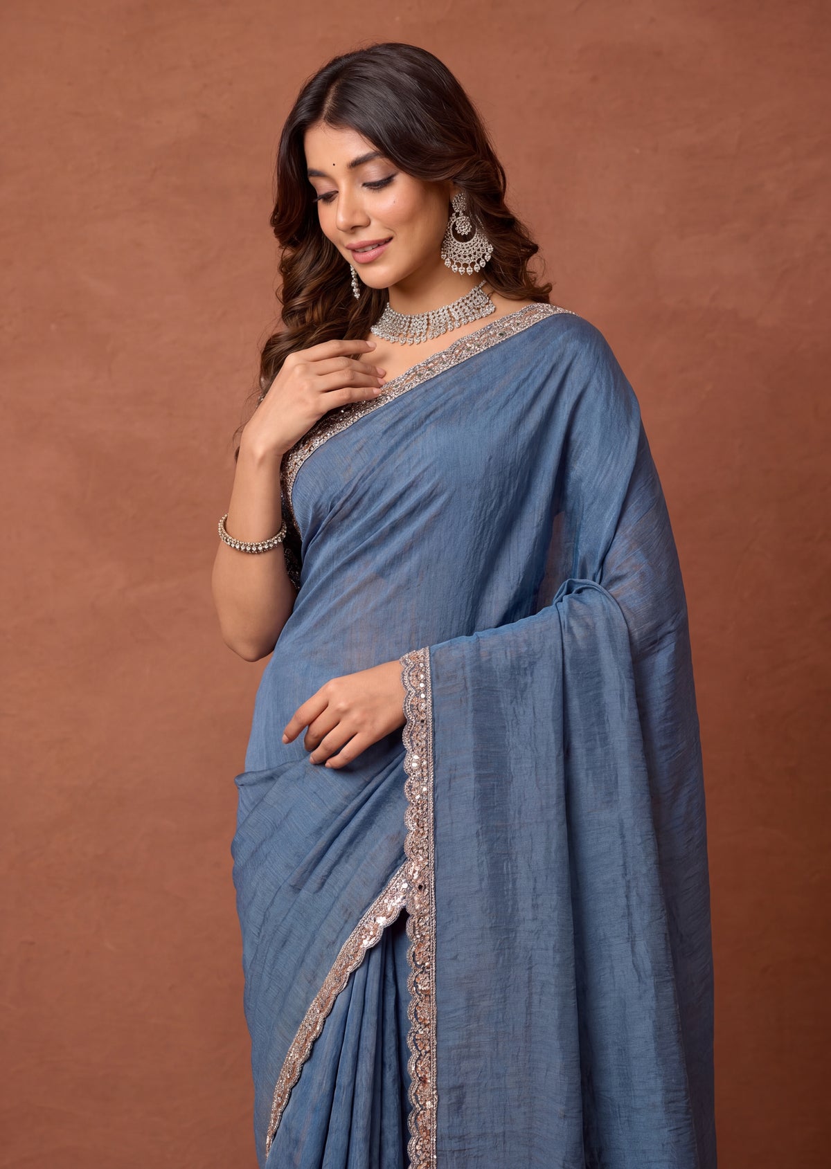 Designer NC Vichitra Embroidered Border Saree